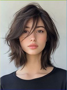 Squared Face Hairstyles, Layered Bob Long Bangs, Face Length Bangs, Shaggy Above Shoulder Hair, Hair Styles For Females, Side Swept Bangs With Medium Hair, Shaggy Bob Shoulder Length, Medium Length Haircut Side Part Bangs, Square Face Shoulder Length Hair