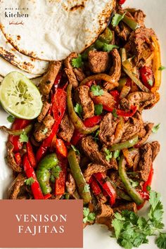 Tortillas, a half of a squeezed lime, sautéed sliced onions, red, and green peppers, and cooked venison steak in a homemade fajita seasoning. garnished with cilantro Venison Fajitas, Ground Venison Recipes, Cilantro Lime Marinade, Lime Marinade, Steak Fajita Recipe, Deer Recipes