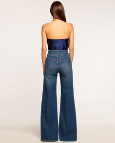 Liv Wide Leg Jean in medium wash | Ramy Brook Chic High Rise Denim Flare Jeans, Modern High-waisted Denim Flare Jeans, Chic Full Length Denim Flare Jeans, Chic Dark Wash Wide Leg Jeans, Modern High Waist Medium Wash Flare Jeans, Modern High Rise Denim Bottoms, Modern High-rise Denim Bottoms, Chic Denim Flare Jeans With Five Pockets, Dark Wash Cropped Pants With Five Pockets