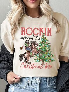 Women Casual Vintage Denim Print & Christmas Tree Pattern Round Neck Short Sleeve T-Shirt Apricot Casual  Short Sleeve Knitted Fabric Figure,Letter,Plants  Medium Stretch  Women Clothing, size features are:Bust: ,Length: ,Sleeve Length: Rockin Around The Christmas Tree, Christmas Tree Graphic, Comfort Colors Tshirt, Christmas Tree Shirt, Western Christmas, Christmas Tees, Knit Tees, Inspiration Mode, Western Shirts