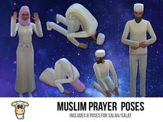 muslim prayer poses for males and females in white clothing, with space in the background