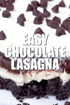 an easy chocolate lasagna cake with white frosting and chocolate chips on top