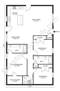 the floor plan for a 3 bedroom, 2 bathroom apartment with an attached kitchen and living room