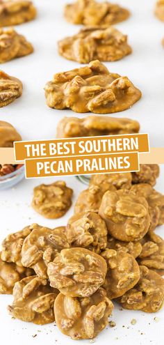 the best southern pecan pralies are on display in this photo, with text overlay