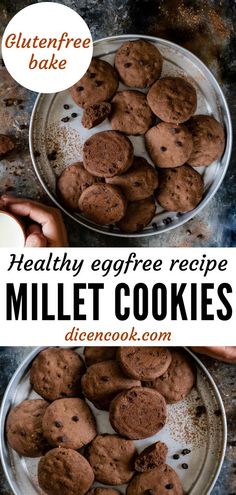 two pans filled with chocolate cookies on top of a metal counter next to the words healthy eggfree recipe