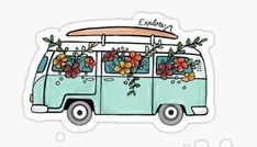 a blue van with flowers and surfboards on the roof sticker is sitting in front of a white background