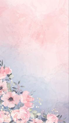 pink flowers on blue and pink background with watercolor effect in the middle, for use as wallpaper or backdrop