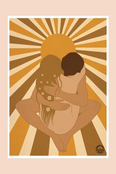 a man and woman embracing each other in front of a sunburst with rays