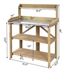 a wooden shelf with two shelves on each side and measurements for the top half of it