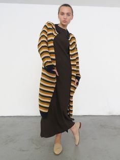 Kowtow Victory Cardigan Casual Fall Outerwear With Vertical Stripes, Casual Fall Cardigan With Striped Cuffs, Long Sleeve Cardigan With Striped Cuffs For Fall, Fall Cardigan With Striped Cuffs And Long Sleeves, Casual Winter Cardigan With Striped Cuffs, Striped Cotton Long Sleeve Cardigan, Striped Long Sleeve Cotton Cardigan, Striped Cotton Cardigan With Long Sleeves, Brown Cotton Crew Neck Cardigan