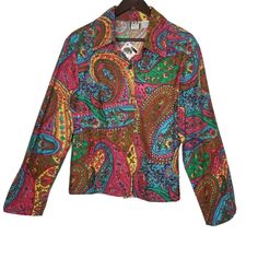 Take Two Women's Size Xl Button Up Front Sequins Multi-Colored Paisley Jacket Casual Multicolor Outerwear With Buttons, Multicolor Collared Outerwear With Buttons, Multicolor Button-up Outerwear For Spring, Retro Multicolor Collared Outerwear, Multicolor Single-breasted Outerwear For Spring, Multicolor Single-breasted Spring Outerwear, Spring Multicolor Single-breasted Outerwear, Multicolor Spring Outerwear With Button Closure, Spring Multicolor Outerwear With Button Closure