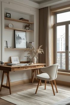 a room with a desk, chair and open window overlooking cityscape in the background