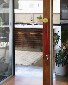 an open door leading to a kitchen and dining area with wooden flooring, potted plants and table in the background