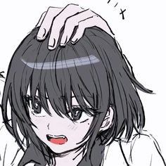 a drawing of a girl with black hair and red lips is being combed by someone's hand