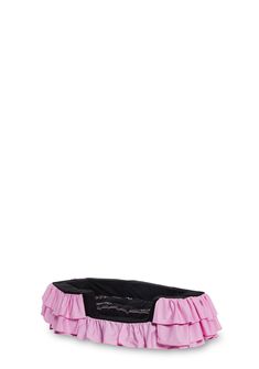 a pink and black purse with ruffles on the bottom, sitting against a white background