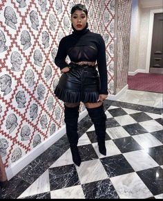 Faux Leather Outfit Ideas, Black Affair Party Outfit Black Women, Black Party Outfit Black Women, Leather Combat Boots Outfit, Black Leather Outfit Black Women, All Black Party Outfits For Women, Leather Skirt Outfit Black Women, Leather Shorts Outfit Black Women, Black Leather Skirt Outfit Going Out