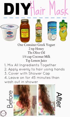 Greek Yogurt, Coconut Milk, Olive Oil, Honey, and Lemon juice Hair Mask #CoconutOilhairGrowthTreatment Lemon Hair Mask, Lemon Juice Hair, Mayonnaise For Hair, Lavender Oil For Hair, Hair Growth Mask Diy, Coconut Oil Hair Mask Diy, Yogurt Hair Mask, Hair Mask Diy, Honey Hair Mask