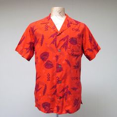 Vintage 1960s Mens Hawaiian Shirt / 60s Red Cotton Tropical Red Collared Camp Shirt For Vacation, Red Collared Hawaiian Shirt For Beach, Red Retro Print Summer Shirt, Red Collared Hawaiian Top, Vintage Red Camp Shirt With Camp Collar, Vintage Red Short Sleeve Camp Shirt, Retro Red Tops For Beach, Red Hawaiian Shirt With Camp Collar, Red Hawaiian Shirt With Camp Collar For Vacation