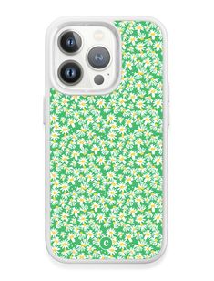 an iphone case with daisies on green and white, showing the camera lens cover