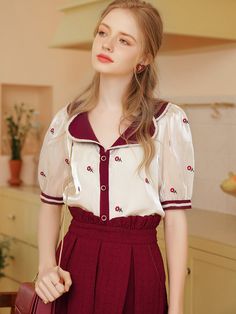 <Size>    small size    Length: 53cm  Shoulder width: 33cm  Bust: 92cm  Waist: 92cm  Sleeve length: 32cm       medium size    Length: 54cm  Shoulder width: 34cm  Bust: 96cm  Waist: 96cm  Sleeve length: 33cm        L size    Length: 55cm  Shoulder width: 35cm  Bust: 100cm  Waist: 100cm  Sleeve length: 34cm            <Material>    polyester       <model wearing>    wearing size    small size     model dimensions    Height: 167cm  Weight: 50kg  Bust: 84cm  Waist: 66cm  Hip: 86cm          " Red Flower Embroidery, French Blouse, Fluffy Sleeves, Grandma Clothes, 1940s Fashion Dresses, Persian Fashion, Minako Aino, Umbrella Skirt, Fashion Top Outfits