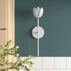 a white flower on the wall next to a potted plant