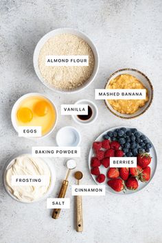 ingredients to make an oatmeal smoothie laid out on a white surface