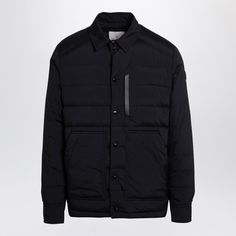 999 MONCLER  BASSIES BLACK PADDED JACKET Black Padded Jacket, Stylish Logo, Leather Cap, Collar Designs, Black Nylon, Padded Jacket, Black Nylons, Denim Pant, Shirt Collar