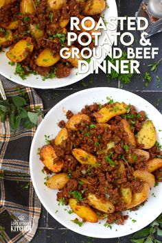 Perfectly seasoned and cooked ground beef is coupled with roasted baby potatoes. ​ ​This simple meat and potatoes dinner can be on the table in about 30 minutes or less! ​ ​Prepared with tomato paste and aromatics like garlic and onion, Roasted Potatoes and Ground Beef Dinner is an easy and delicious weeknight supper! #roastedpotatoes #groundbeef #dinner #meatandpotatoes