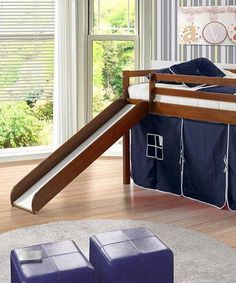 Jason Loft Bed with Slide & Blue Tent Custom Kids Furniture Loft Bed Slide, Boy Beds, Toddler Loft Beds, Bed Slide, Bunk Beds With Stairs, Low Loft Beds, Twin Loft Bed, Low Loft, Bed With Slide