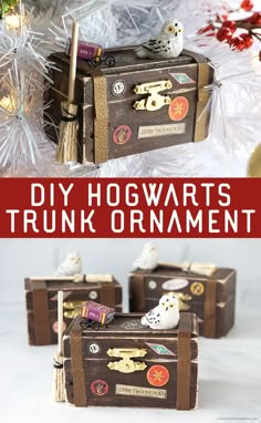 an ornament made out of old trunks is shown with the words diy hogwartts trunk ornaments