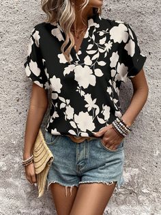 Women's Notch V-Neck Batwing Sleeve Solid Color Floral Top For Summer Multicolor Casual  Short Sleeve Woven Fabric Floral,Plants,All Over Print Top Non-Stretch  Women Clothing, size features are:Bust: ,Length: ,Sleeve Length: Black V-neck Blouse For Vacation, Black Printed V-neck Top, Black Split Neck Tops For Summer, Black V-neck Printed Blouse, Black Split Neck Top For Summer, Casual Black Blouse With Split Neck, Black Split Neck Top For Spring, Top For Summer, Fabric Floral