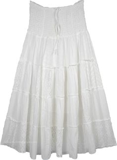 An elegant and chic cotton full long skirt for summer with patchwork in different types of white fabric from solid to eyelet to lace.  It is an harmonious blend of old west with contemporary fashion with tiers that add flare and flow to it. #tlb #Sleeveless #Patchwork #XLPlus #Misses #TieredSkirt #Maxi Skirt #Peasant #vacationclothing #Solid Tiered Maxi Skirt With Lace Patchwork For Summer, Summer Tiered Skirt With Lace Patchwork, White Long Tiered Skirt, Summer Tiered Maxi Skirt With Lace Patchwork, White Tiered Cotton Skirt, White Lace Trim Maxi Skirt For Summer, White Hippie Maxi Skirt With Flowy Fit, White Peasant Tiered Skirt, White Feminine Tiered Maxi Skirt