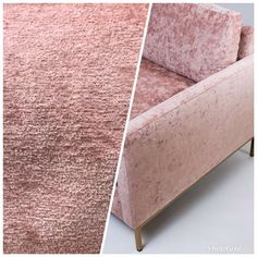 two different views of a pink couch and the same one is not in color, but it