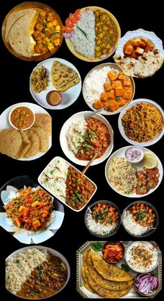 an array of different types of food on white plates and black background with text overlay