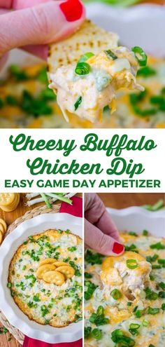 cheesy buffalo chicken dip is an easy game day appetizer