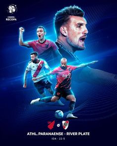 an ad for the soccer team with two men in front of them and one man holding a