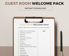 a guest room welcome package on a clipboard