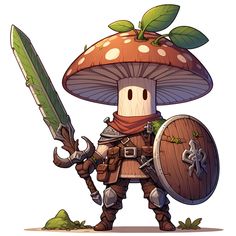 This mushroom warrior character is inspired by the Swordsman class in an MMORPG style. The character is wearing a leaf armor, symbolizing its strength and resilience. It is equipped with a leaf sword and a bark shield, ready to defend and protect. The character embodies the unique features of a warrior class with a touch of mystical symbols and is captured in an epic fighting pose. Creature Art Concept, Group Of 4 Characters, Unique Dnd Characters, Plant Warrior, 2d Game Character Design Concept, Stylized Art Style, Dnd Character Concept Art, D&d Character Design, Mushroom Character Design