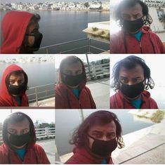 multiple pictures of a person wearing a red hoodie and black face mask with different facial expressions