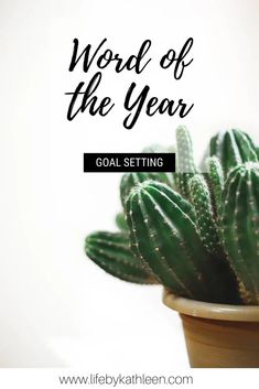 a cactus in a pot with the words word of the year goal setting on it