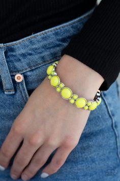 Paparazzi Accessories - Bubbly Belle - Yellow Bracelet Squirrel Jewelry, Yellow Bracelet, Bead Frame, Rose Gold Beads, Paparazzi Accessories, Blue Gems, Coral Beads, Paparazzi Jewelry, Silver Frame