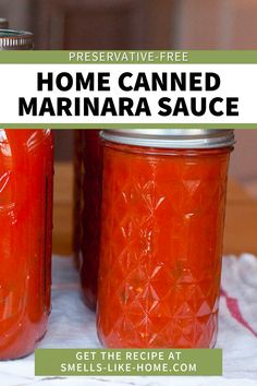 two jars filled with homemade canned marinara sauce