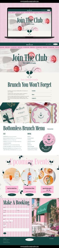 the menu for a wedding party with pink and white stripes on it, including an image of