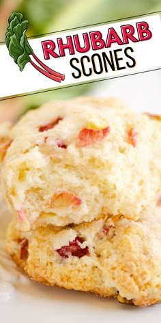 two scones stacked on top of each other with the words rhubarb gone