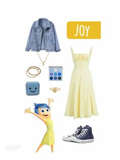 a yellow dress and blue shoes with the words joy on it, next to an image of