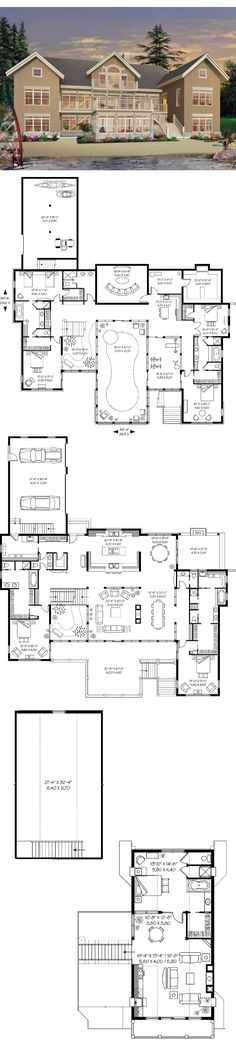 two story house plans with floor plans and measurements for each room, including the second level