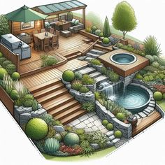 an outdoor patio with water feature and seating area