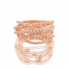 "A stunning rose gold and diamonds ring. Solid gold interweaving lines gold ring, set with 155 white and champagne diamonds. This unique ring is made from several interweaving solid gold lines and rings. On these lines, there are 155 white and champagne diamonds, all handset by me. Each line in this ring has its own path, each line is lovely by itself, but together they make a beautiful, harmonic and elaborate knot ring. This ring will always surprise you - it looks different from each angle, an Dazzling Rose Gold Rings With Rose Cut Diamonds, Fine Jewelry Rose Gold Ring With Pave Setting, Rose Gold Diamond Rings With Pave Setting, Fine Jewelry Rose Gold Diamond Ring With Accents, Rose Gold Round Cut Diamond Ring With Pave Setting, Rose Gold Diamond Ring With Accents, Dazzling Rose Gold Diamond Ring With Rose Cut Diamonds, Dazzling Brilliant Cut Rose Gold Ring, Dazzling Rose Gold Brilliant Cut Ring