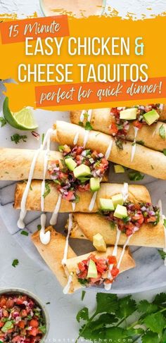 chicken and cheese taquitass on a plate with salsa