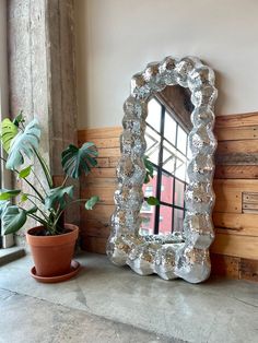 a mirror sitting on top of a table next to a potted plant